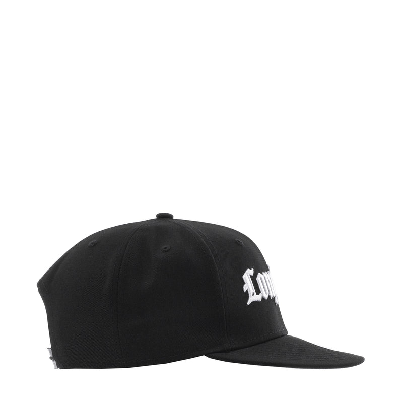 Black snapback cap with partial white side logo embroidery