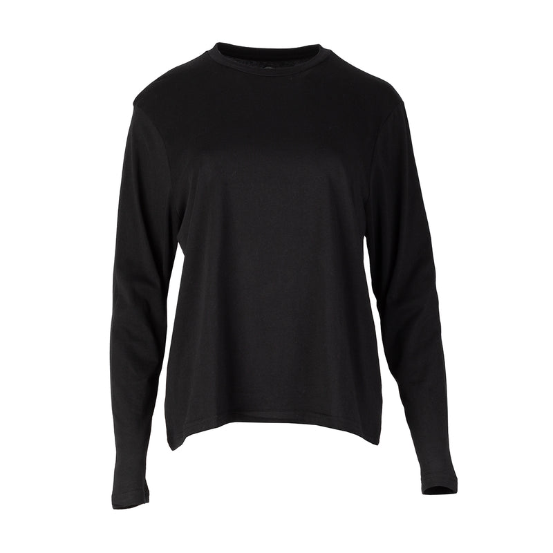 Women's black long-sleeve crewneck tee, front view