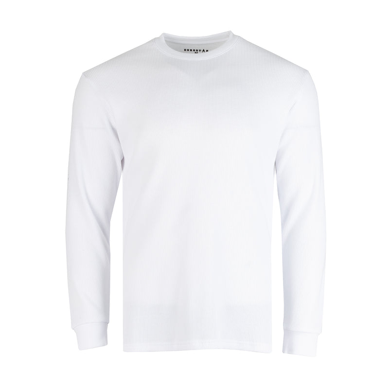 Men's long-sleeve solid thermal shirt, white crew neck front