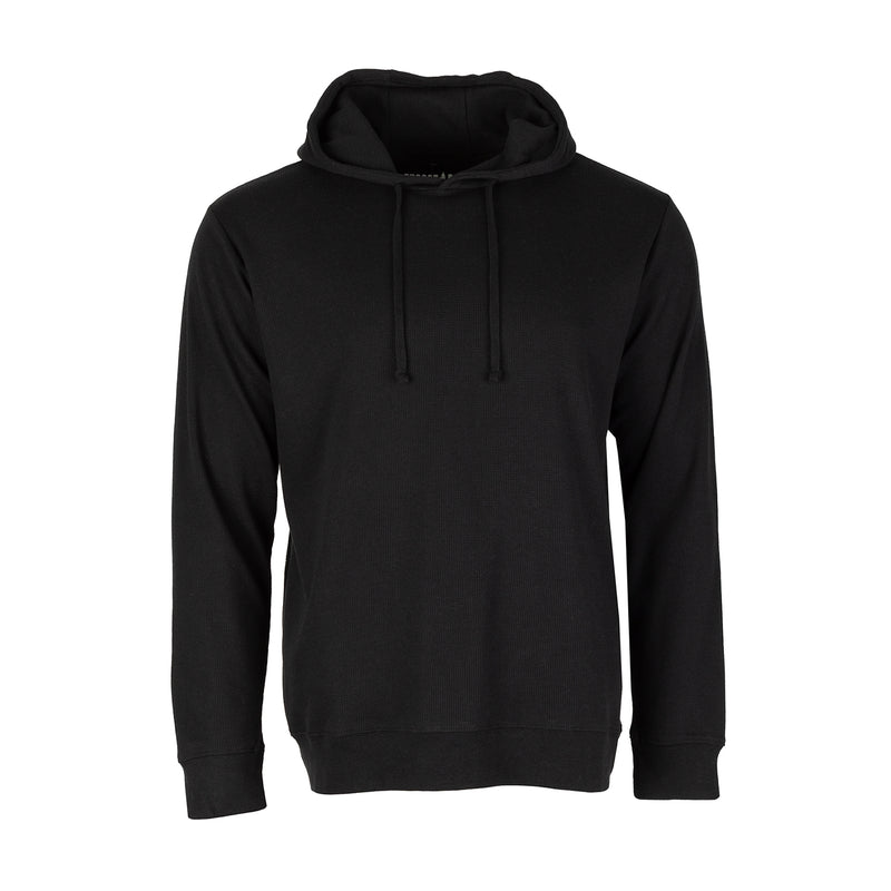 Black thermal pullover hoodie for men, long sleeves, drawstring hood, kangaroo pocket.