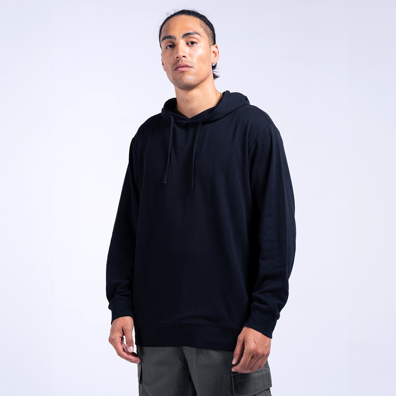 Black thermal pullover hoodie for men with drawstring hood and long sleeves.