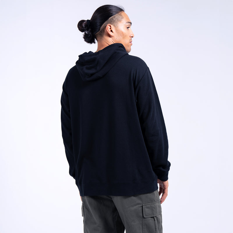 Black thermal pullover hoodie for men, back view with drawstring hood.