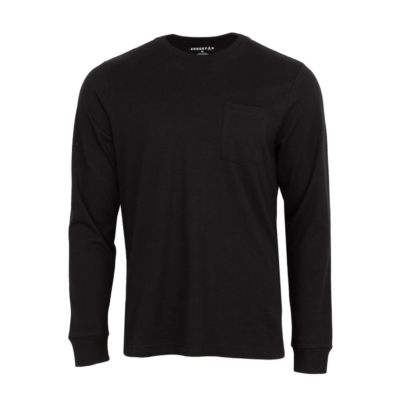 Men's black long-sleeve work shirt with crew neck and chest pocket