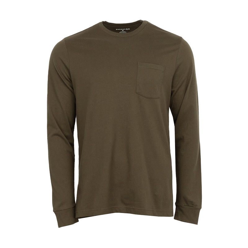 Olive men’s long-sleeve work shirt with crew neck and chest pocket