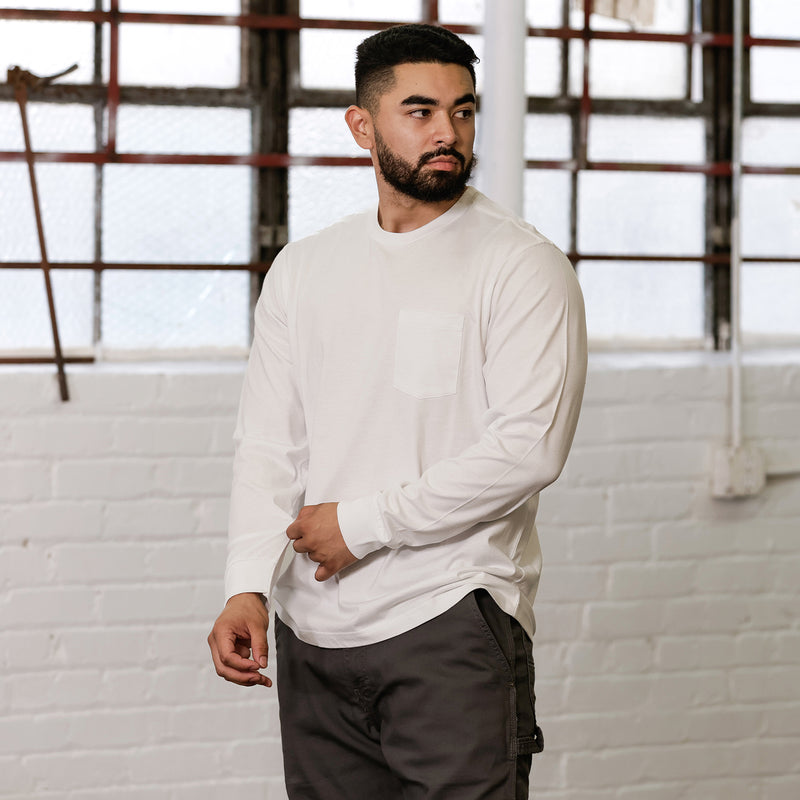 White men’s long-sleeve work shirt with chest pocket and crew neck