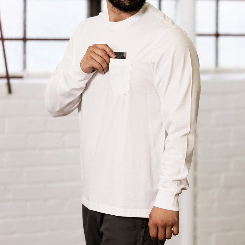 White men’s long-sleeve work shirt with single chest pocket, crew neck