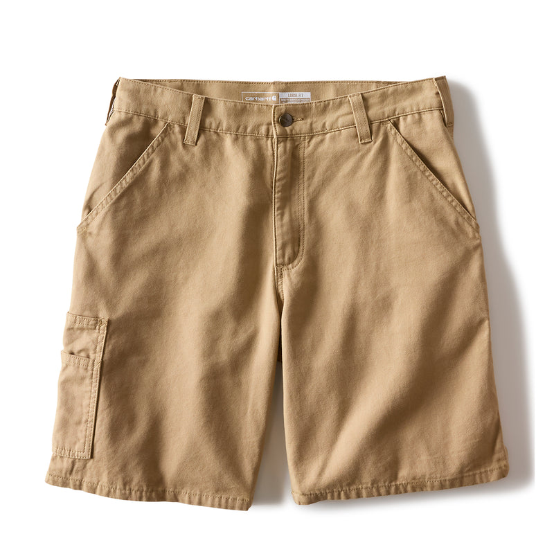 Dark khaki twill cargo-style shorts with belt loops, button fly, and side pockets