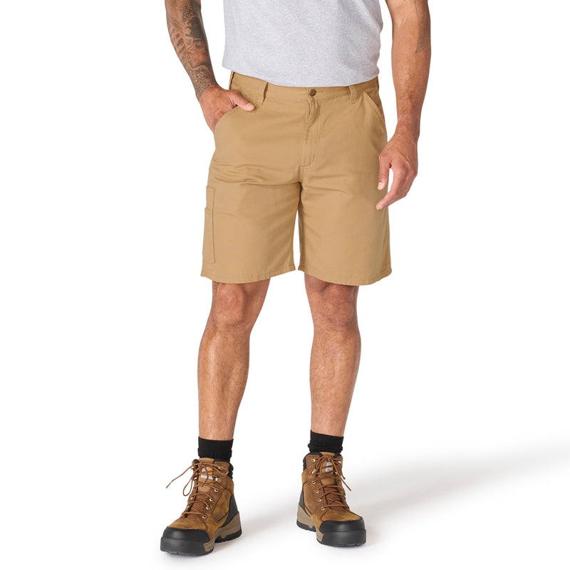 Dark khaki 9-inch shorts worn standing, with belt loops and button closure