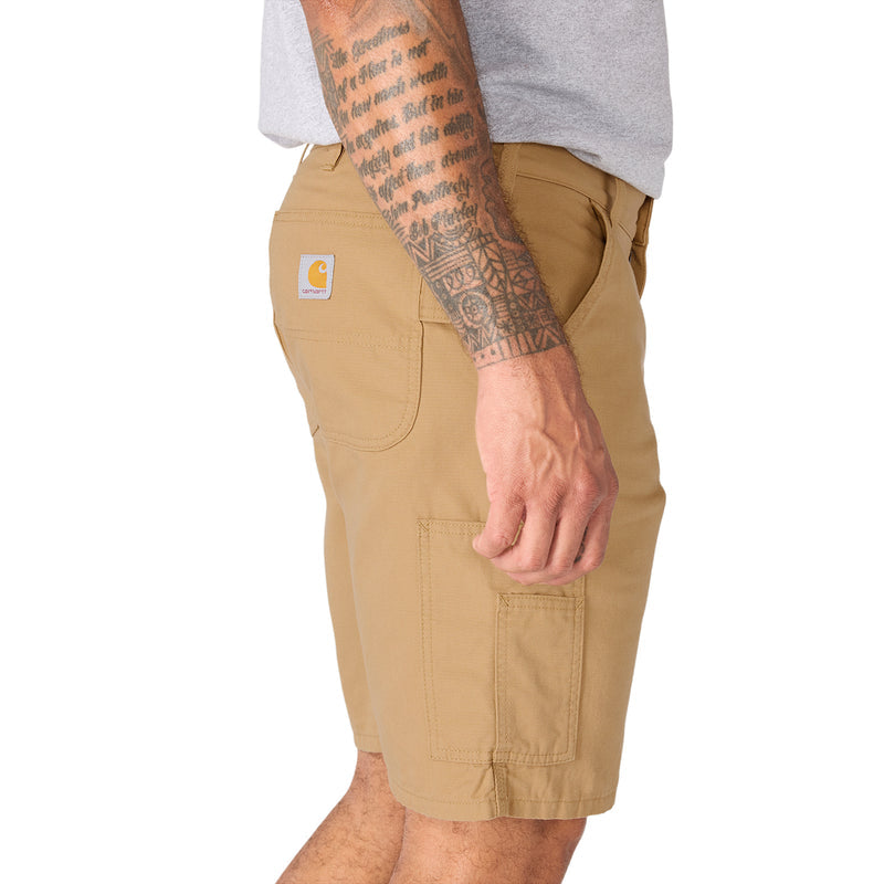 Dark khaki shorts with side utility pocket and straight leg hem detail