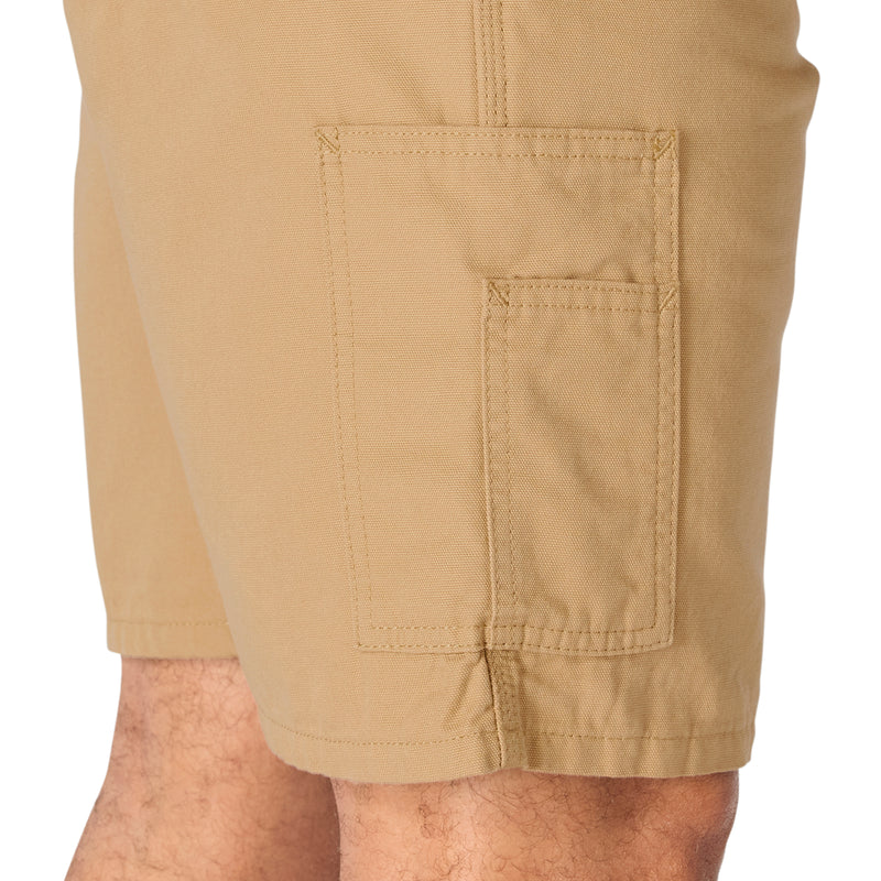 Dark khaki shorts close-up of pocket panel with visible topstitching