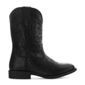 Black men’s cowboy boots, textured leather look, pull-on shaft with stacked heel