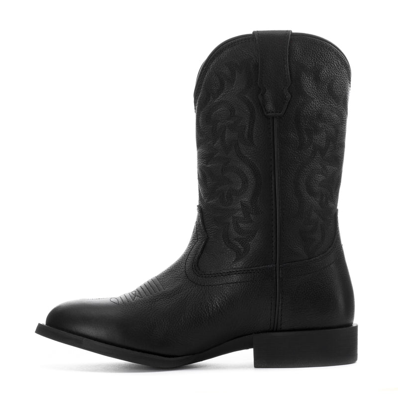 Black men’s cowboy boots, side view with ornate shaft panel and stacked heel