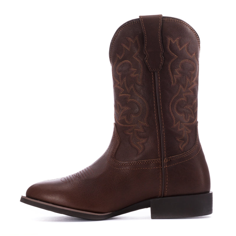 Brown cowboy boots, angled side view with embossed pattern and block heel.