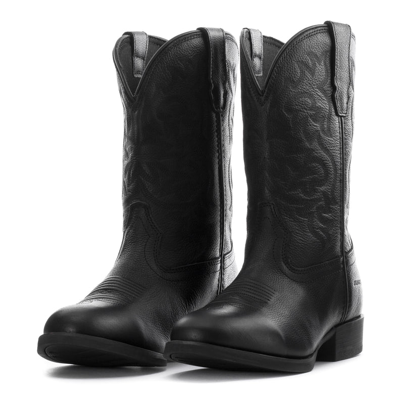 Black men’s cowboy boots, pair front view with pointed toe and stacked heel