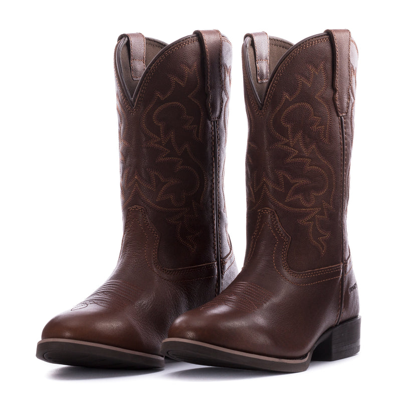 Pair of brown cowboy boots in three-quarter view with embossed shaft design.