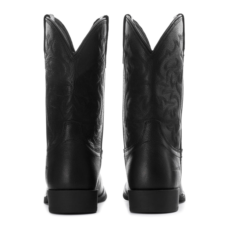 Black men’s cowboy boots, back view of two boots with pull-on tabs and stacked heel