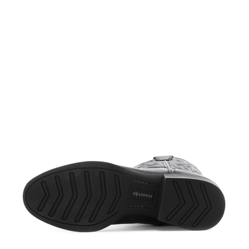 Black men’s cowboy boot outsole, rubber tread with grooved channels and branding mark