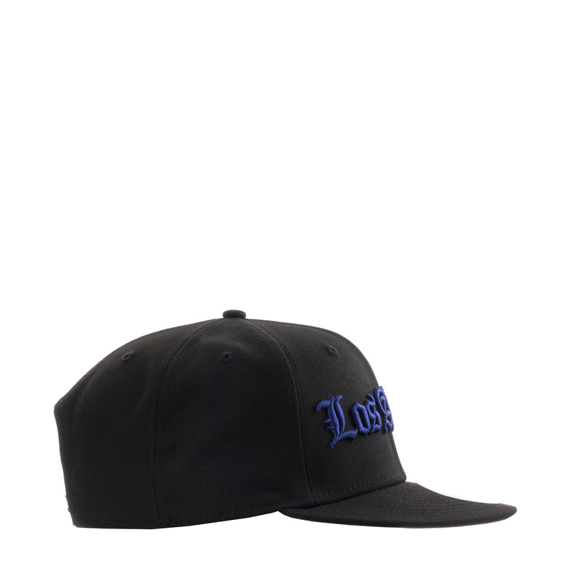 Black baseball cap with small blue side logo