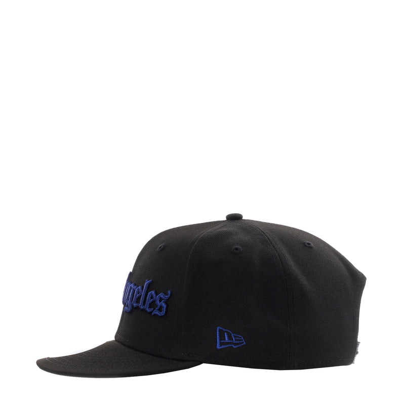 Black baseball cap with blue Los Angeles side lettering