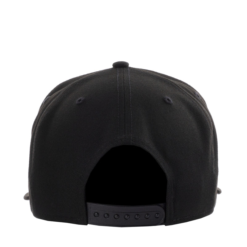 Black baseball cap with adjustable snapback strap at back
