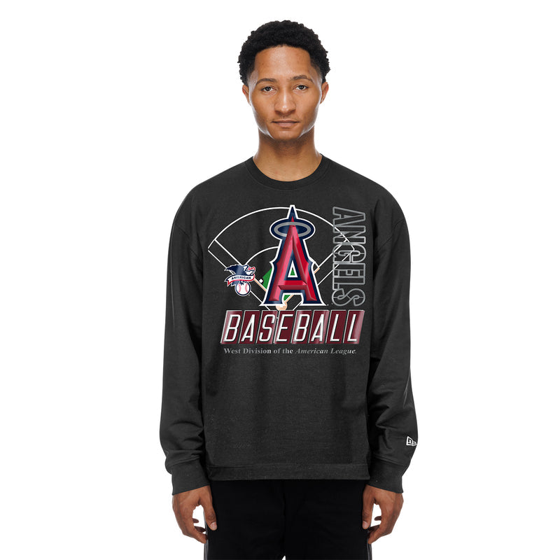 Men's black long-sleeve crewneck with Los Angeles Angels baseball logo, worn by model