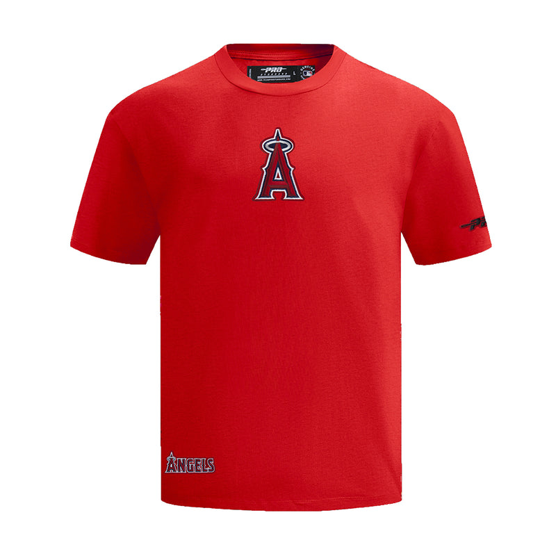 Men's red Los Angeles Angels crewneck tee with chest A logo and 'ANGELS' hem print
