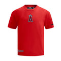 Men's red Los Angeles Angels crewneck tee with chest A logo and 'ANGELS' hem print