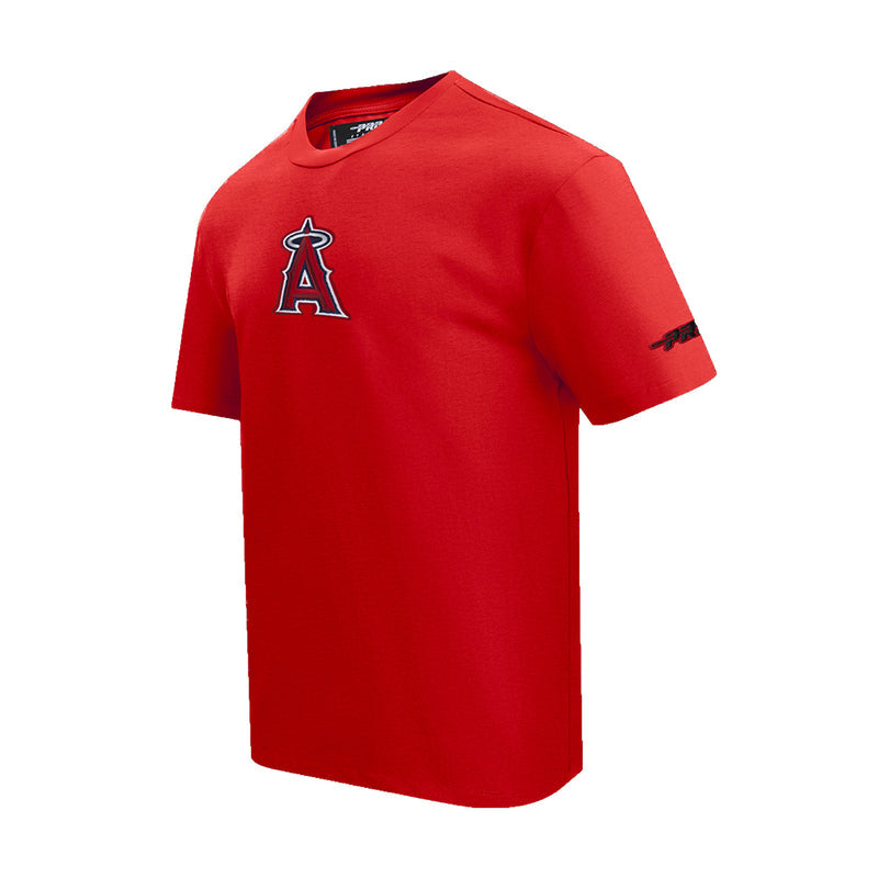 Men's red Los Angeles Angels crewneck tee, chest A logo, small sleeve graphic