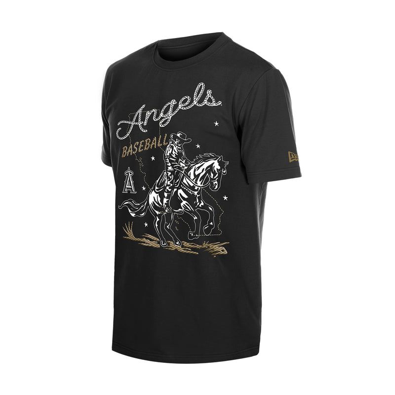 Men's black western tee with Angels baseball graphic on front