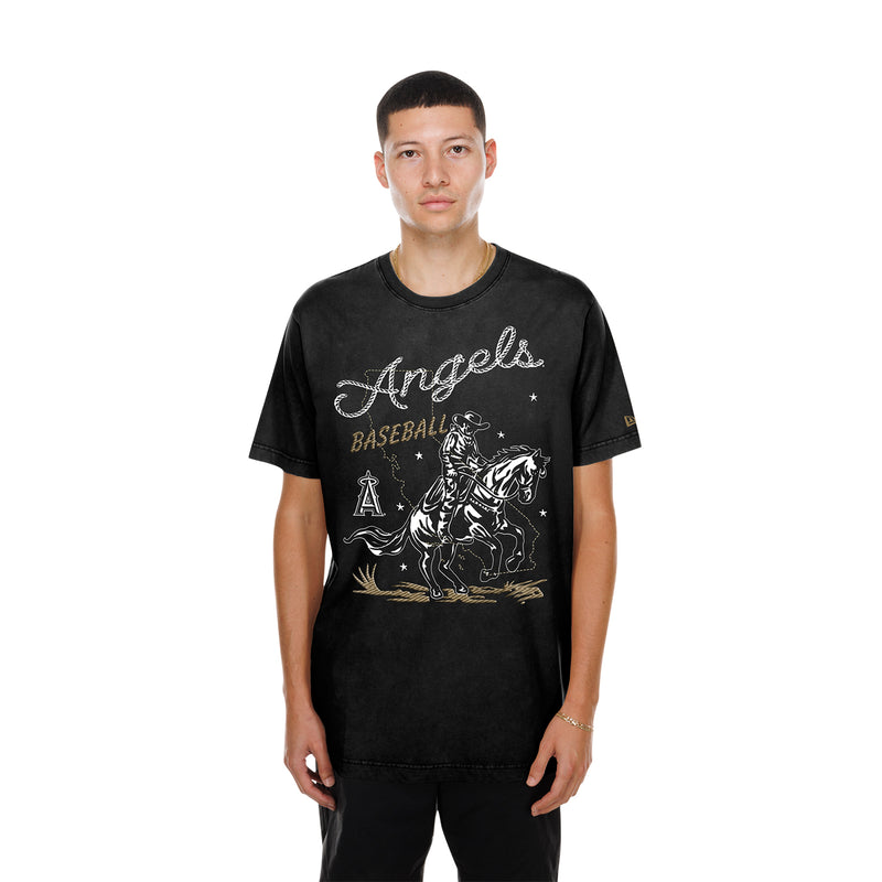 Men's black western tee with front Angels baseball and horse graphic