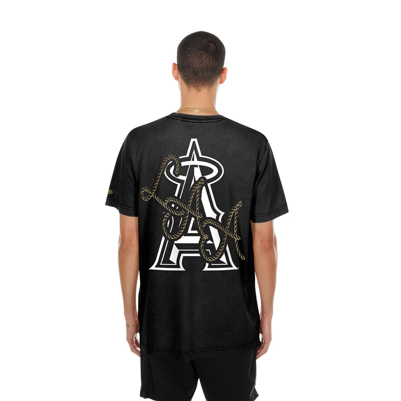 Men's black western tee with large back Angels baseball logo graphic