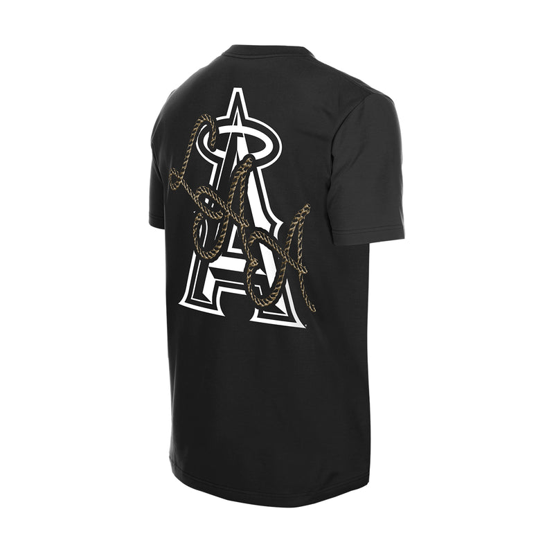 Men's black western tee with oversized back Angels logo and chain graphic