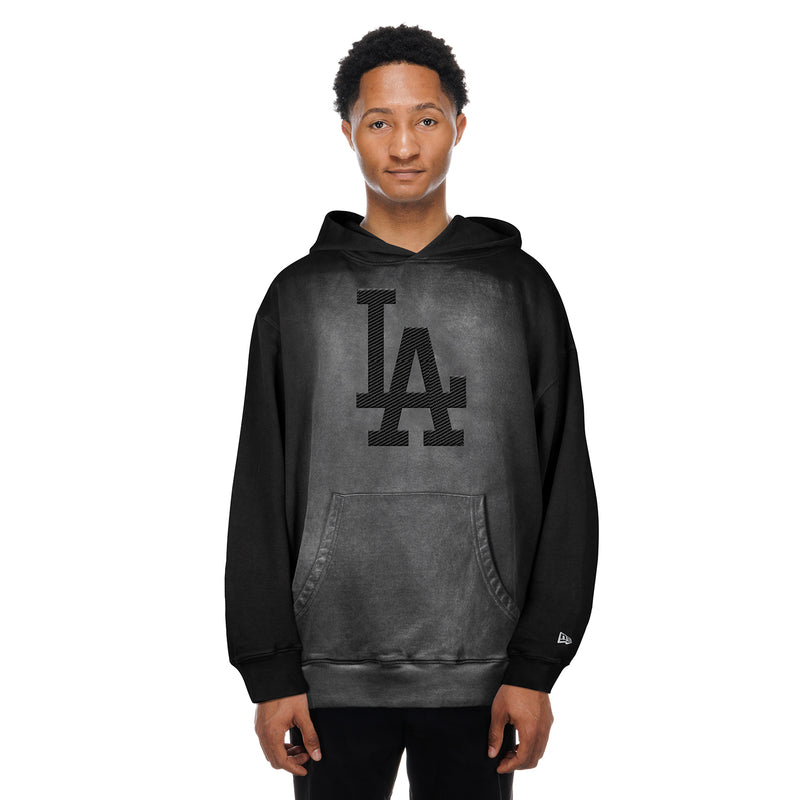 Men's black faded hoodie with large LA logo on chest, kangaroo pocket