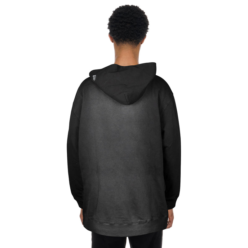 Men's black faded hoodie, back view with hood and pullover silhouette