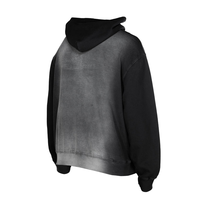 Men's black faded hoodie close-up, hooded back with kangaroo pocket hem