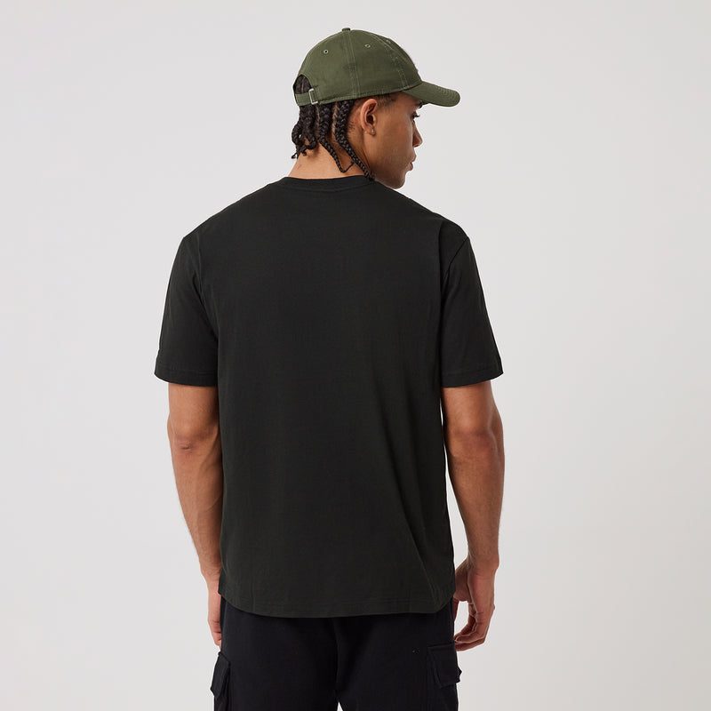 Black men’s T-shirt back view, plain crew neck and short sleeves.