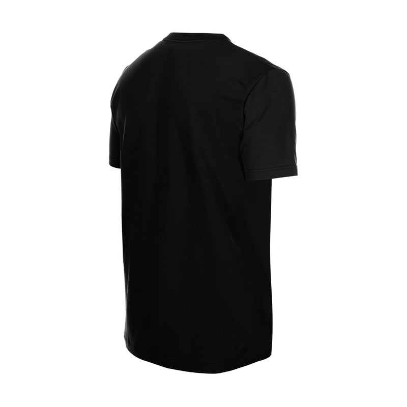 Black T-shirt back, plain crew neck and short sleeves, no front graphic.