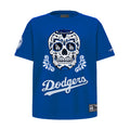 Youth blue short-sleeve tee with Dodgers sugar skull graphic and wordmark