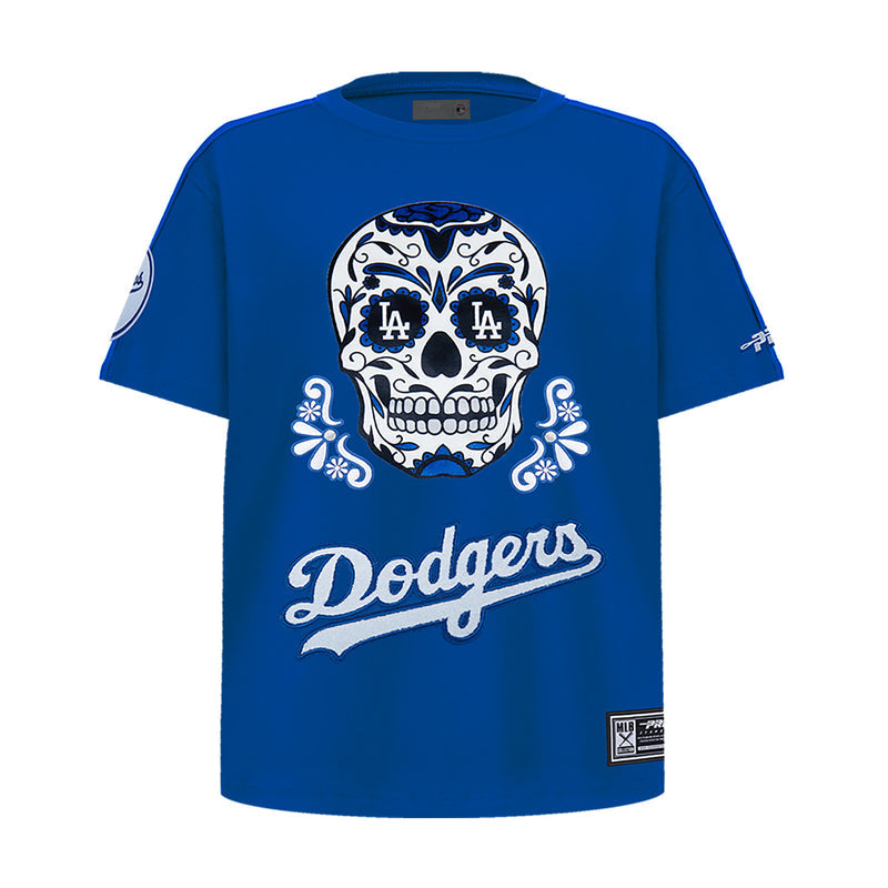 Youth blue short-sleeve tee with Dodgers sugar skull graphic and wordmark