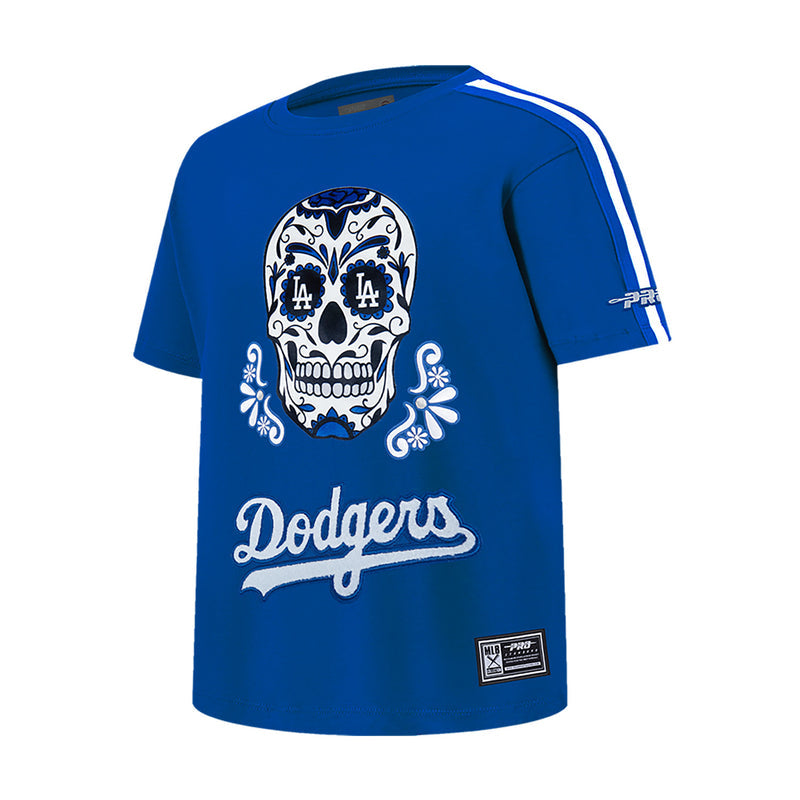 Youth blue short-sleeve tee with sugar skull graphic and Dodgers logo, side angle