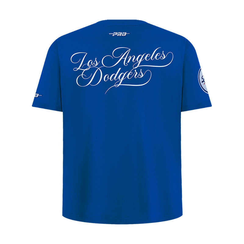 Youth blue short-sleeve tee with "Los Angeles Dodgers" script on the back