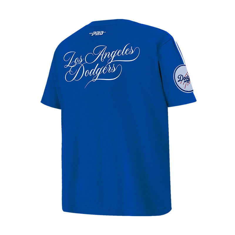 Youth blue short-sleeve tee with back "Los Angeles Dodgers" script and sleeve patch