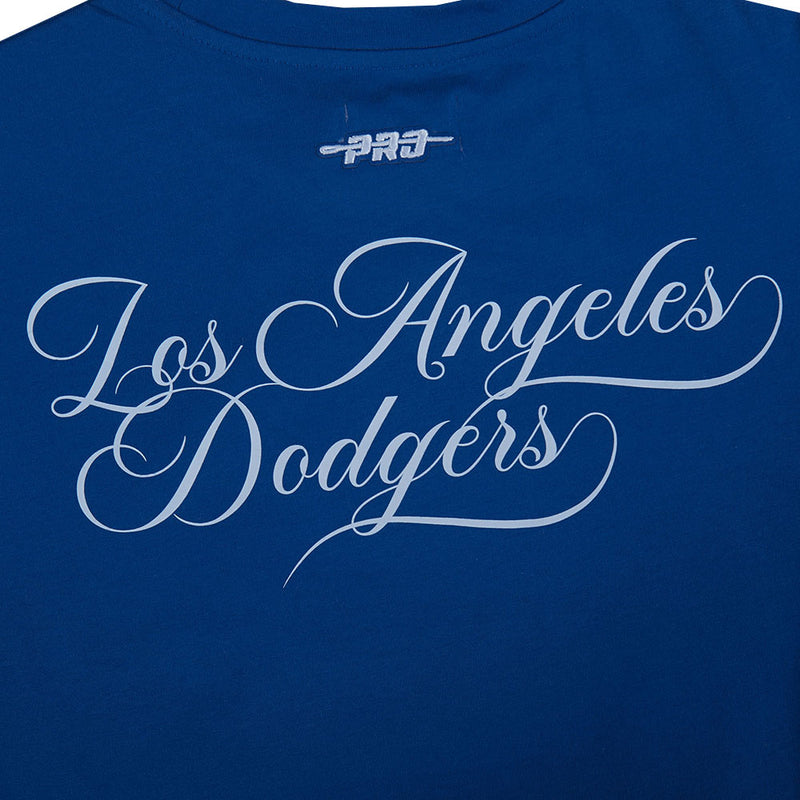 Close-up of "Los Angeles Dodgers" script print on blue youth tee