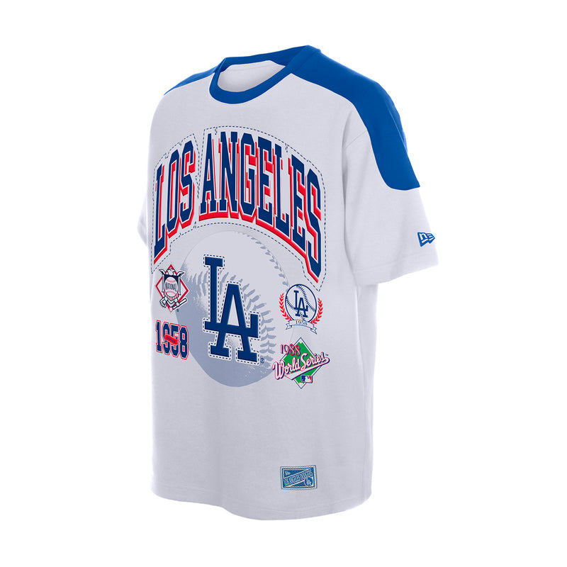 Men's white baseball tee with blue raglan sleeves and Dodgers front patch graphic