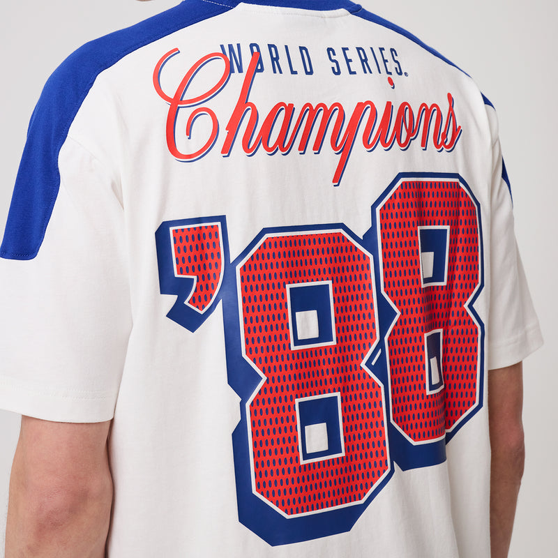 Back view of white Dodgers World Series Champions 1988 98 graphic tee