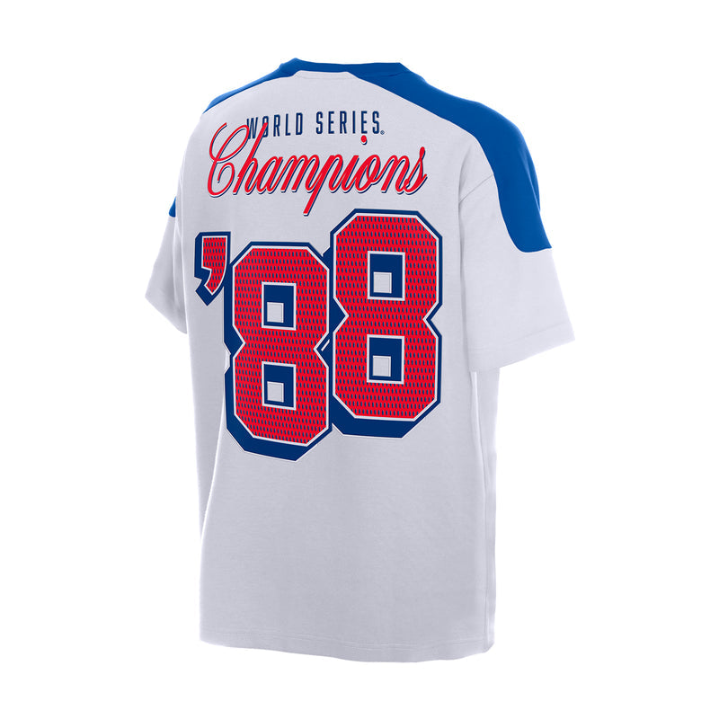 White Dodgers World Series Champions 1988 88 back graphic tee with blue raglan trim