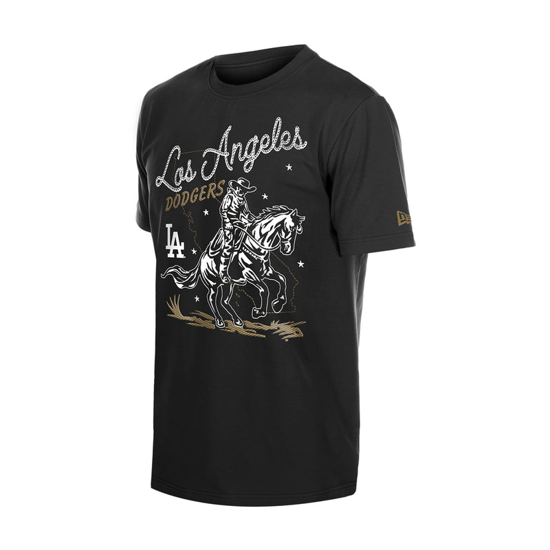 Men's black Western graphic T-shirt with Los Angeles script and Dodgers rider