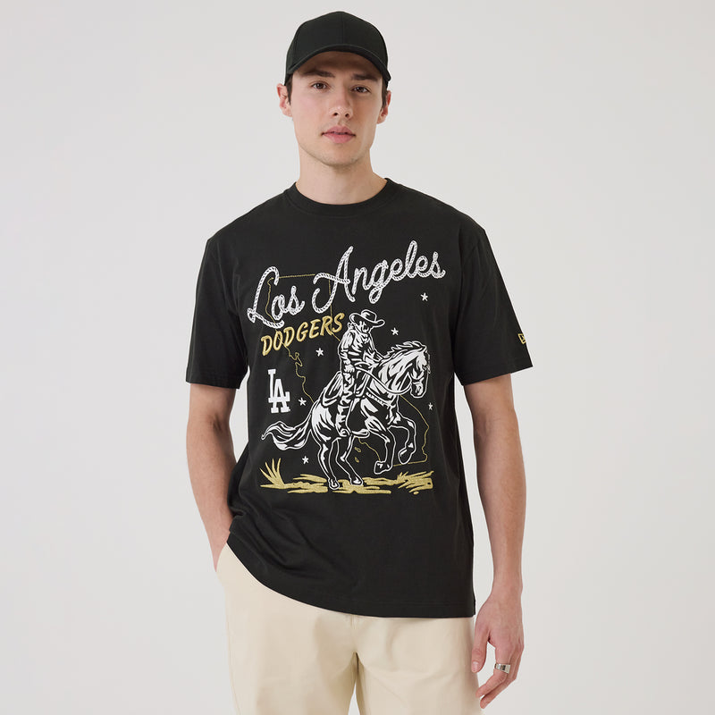 Men's black graphic T-shirt with Los Angeles Dodgers front print and crew neck