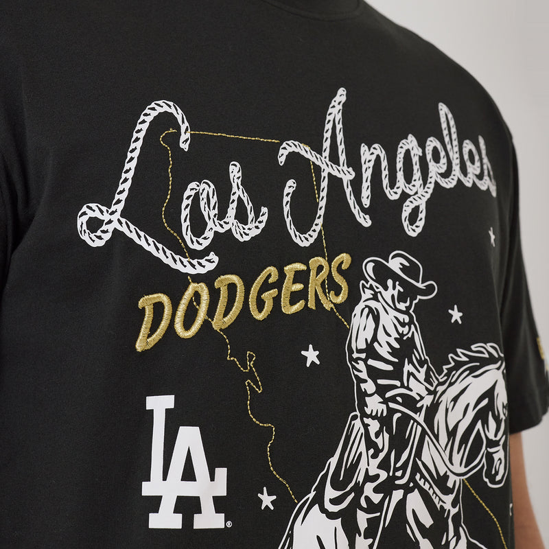 Men's black T-shirt close-up of Los Angeles and Dodgers horse logo print