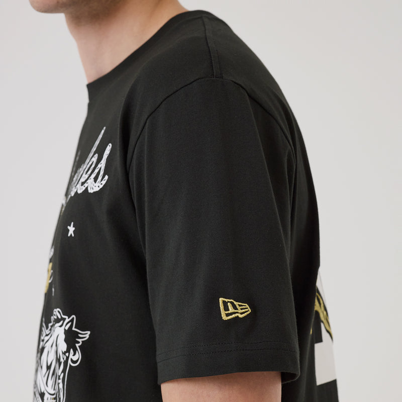 Men's black T-shirt with small New Era flag logo on short sleeve